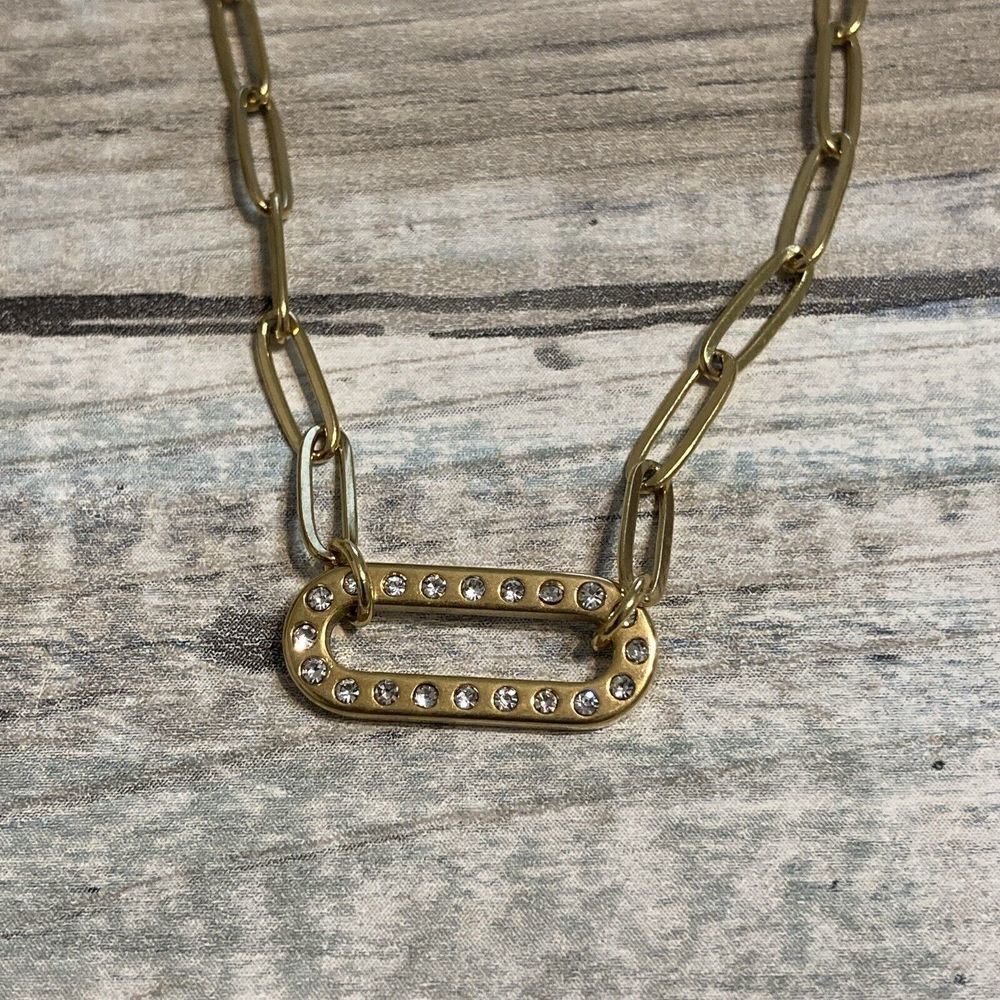 Paperclip Chain Pave Pendant Necklace Gold Tone NWOT 18" lobster Clasp